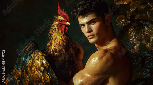 Muscular Man Holding a Rooster photo