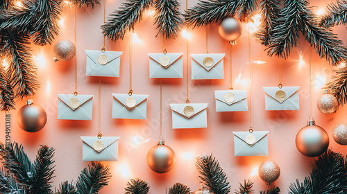 Whimsical DIY advent calendar with envelopes and ornaments for Christmas