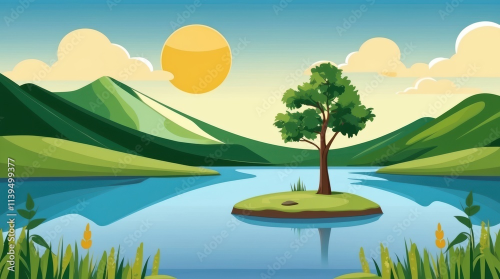 Fototapeta premium Serene landscape with tree and lake sunny mountain view nature illustration for relaxation
