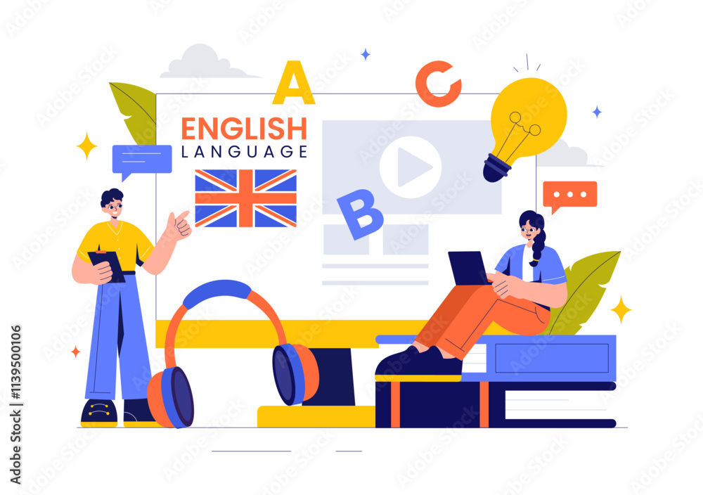 English Language Vector Illustration featuring Students Studying Foreign Languages, Global Communication, and Elementary Grammar Lessons Background English Language Vector Illustration featuring Students Studying Foreign Languages, Global Communication, and Elementary Grammar Lessons Background