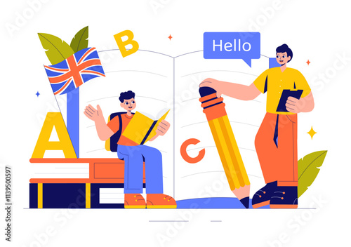 English Language Vector Illustration featuring Students Studying Foreign Languages, Global Communication, and Elementary Grammar Lessons Background