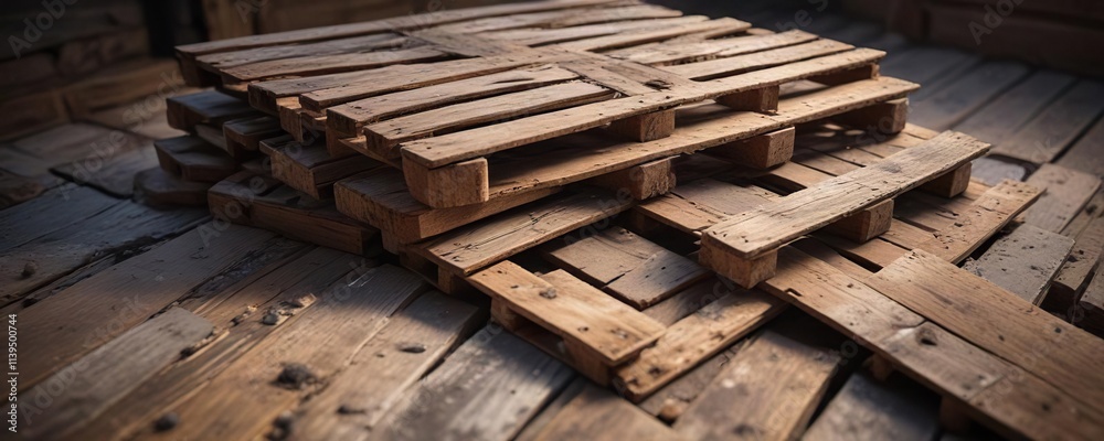 old wooden pallets stacked on a dimly lit floor with cracks and dust, wooden slats, rustic flooring, aged lumber old wooden pallets stacked on a dimly lit floor with cracks and dust, wooden slats, rustic flooring, aged lumber