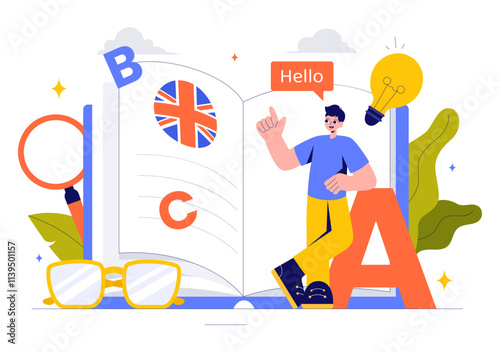 English Language Vector Illustration featuring Students Studying Foreign Languages, Global Communication, and Elementary Grammar Lessons Background