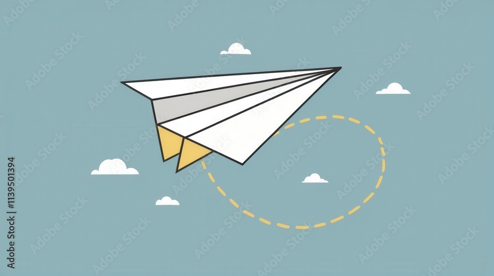 Dynamic paper airplane illustration cloudy sky graphic design creative environment aerial view flight concept