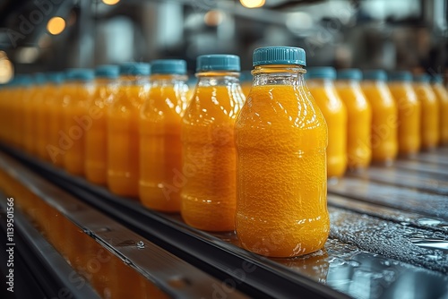 A row of orange juice bottles on a conveyor belt photo