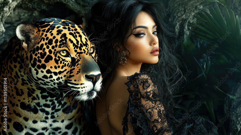 Woman in Black Lace Dress with Jaguar Woman in Black Lace Dress with Jaguar