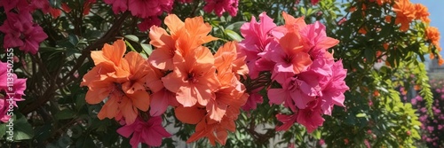 Wallpaper Mural Large, showy flowers with bright orange and pink colors blooming on a thorny bougainvillea vine , ornamental flowers, flowering vines Torontodigital.ca