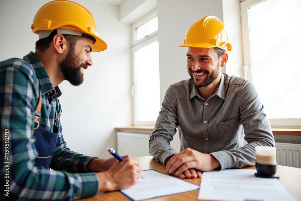 Professional Construction Workers Discussing Plans and Shaking Hands in a Bright Office Setting, Ideal for Business and Teamwork Concepts Professional Construction Workers Discussing Plans and Shaking Hands in a Bright Office Setting, Ideal for Business and Teamwork Concepts