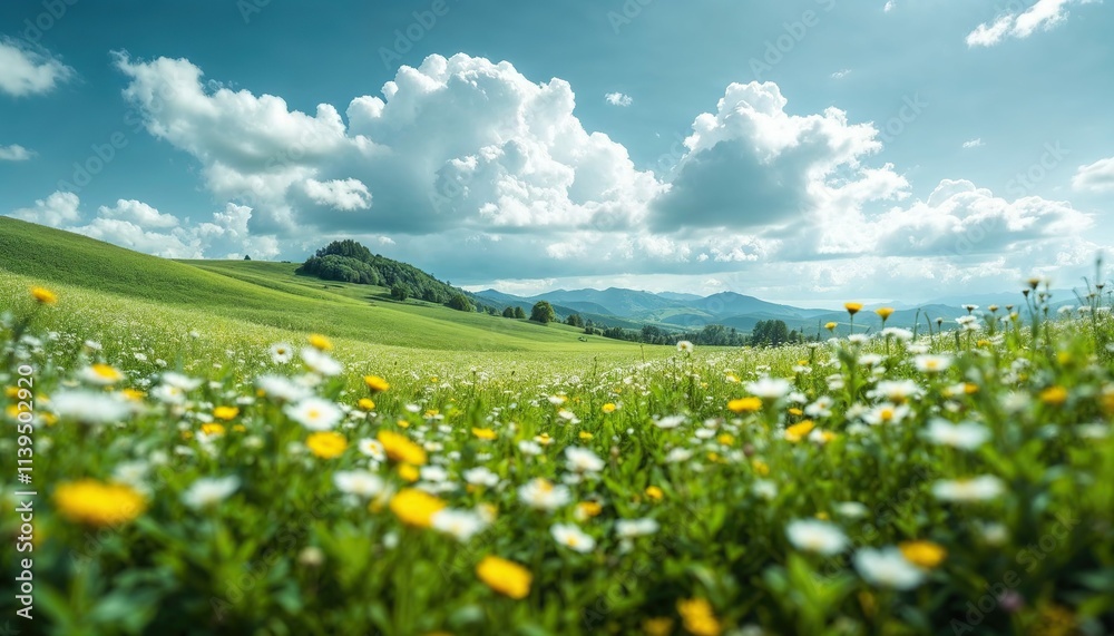 Serene Meadow Under a Blue Sky: A vibrant field of wildflowers, bathed in the warm glow of the sun, stretches towards a backdrop of rolling hills and a clear blue sky adorned with fluffy white clouds. Serene Meadow Under a Blue Sky: A vibrant field of wildflowers, bathed in the warm glow of the sun, stretches towards a backdrop of rolling hills and a clear blue sky adorned with fluffy white clouds.