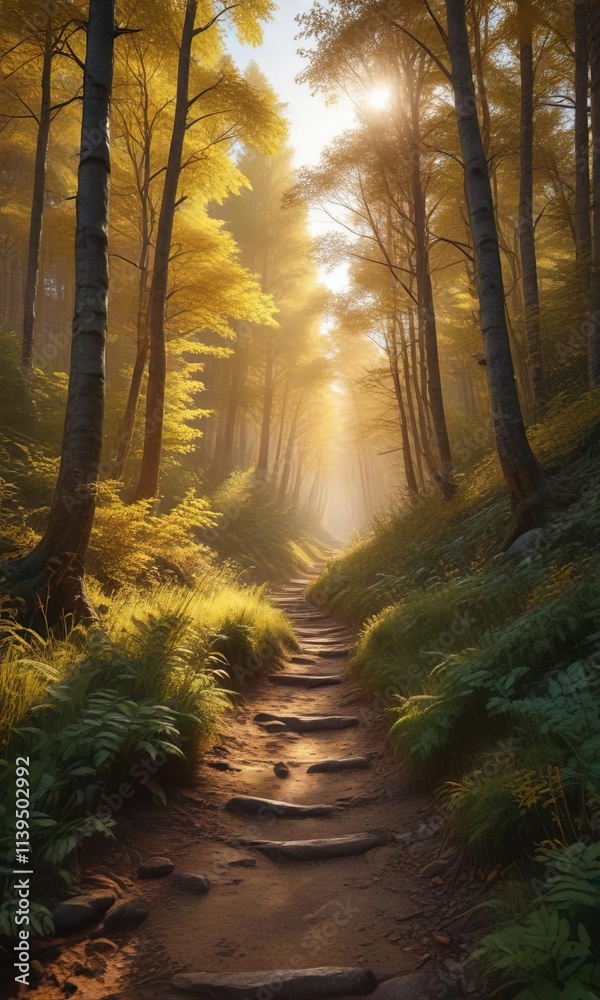 Obraz premium Golden light illuminating a narrow forest trail, sunlight filtering, natural light, sunlit forest