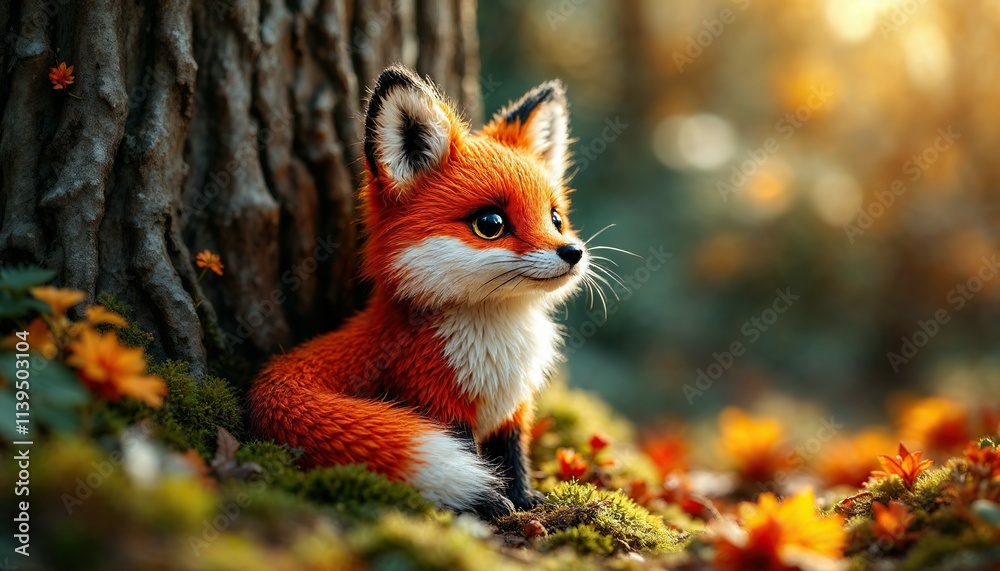 Obraz premium Autumnal Fox: A charming knitted fox cub sits nestled amongst autumn leaves and moss at the base of a tree, bathed in the warm glow of the setting sun. 