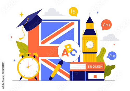 English Language Vector Illustration featuring Students Studying Foreign Languages, Global Communication, and Elementary Grammar Lessons Background