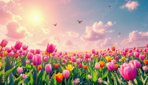 Sunrise over Tulip Fields: A breathtaking vista of vibrant pink, orange, and yellow tulips basking in the golden glow of a sunrise. photo