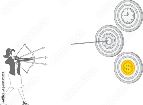 Business goals, business planning and management, business advantage and efficiency, achieving business multitasking and coordinated work, businesswomen with bows and arrows shooting multiple bullseye