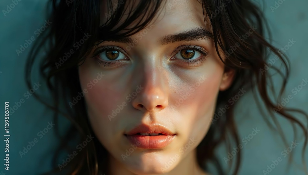 Captivating Gaze: Portrait of a Young Woman with Brown Eyes and Rosy Cheeks Captivating Gaze: Portrait of a Young Woman with Brown Eyes and Rosy Cheeks