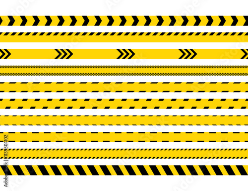 Seamless yellow black tape. Danger ribbons. Striped boundary lines under construction. Caution barrier tapes for danger places. Set of warning bands for work zones. Vector illustration.
