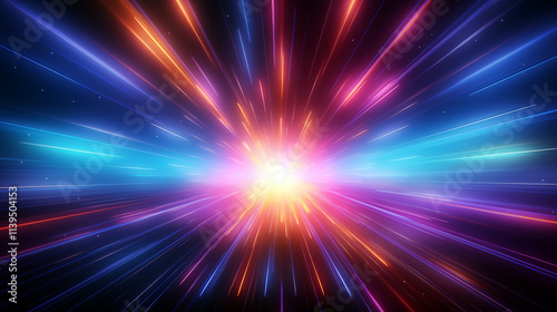 A bright light with a purple and blue center. The light is surrounded by a rainbow of colors