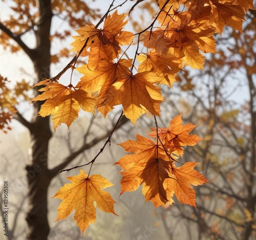 Dried and crinkled autumn leaves clinging to tree branches, tree bark, seasonal change photo