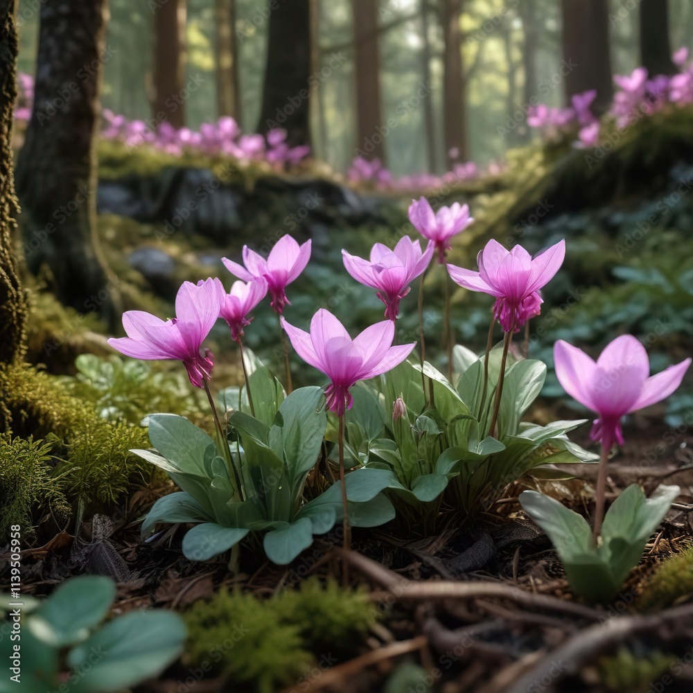 Delicate wild cyclamen flowers unfolding in a forest clearing, greenery, forest floor Delicate wild cyclamen flowers unfolding in a forest clearing, greenery, forest floor
