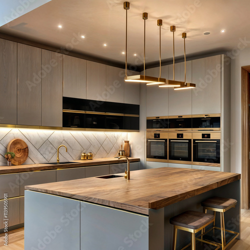 The image shows a modern kitchen with light-colored cabinets, a wooden countertop, and a central island. The kitchen features a marble backsplash, brass accents, and sleek appliances, creating a conte
