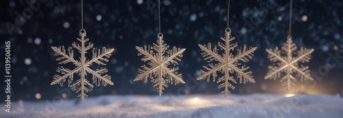 Delicate snowflake ornaments suspended in mid-air amidst a snowy backdrop with starry night sky , fairy lights, winter wonderland