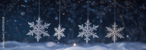 Delicate snowflake ornaments suspended in mid-air amidst a snowy backdrop with starry night sky , christmas bauble, glow, ornament