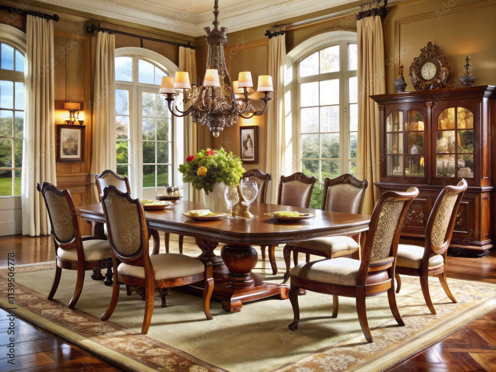 luxurious dining room featuring mahogany table, elegant chairs, and chandelier. warm ambiance is enhanced by large windows and tasteful decor, perfect for gatherings luxurious dining room featuring mahogany table, elegant chairs, and chandelier. warm ambiance is enhanced by large windows and tasteful decor, perfect for gatherings