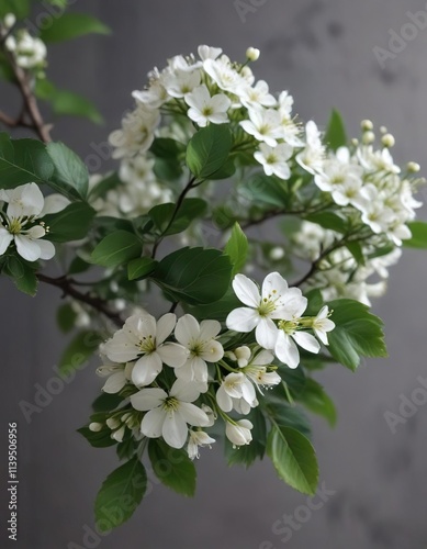 Dark green leaves and small white flowers on a branch against a bright background, henna plant flowers, tropical blossom, white blooms