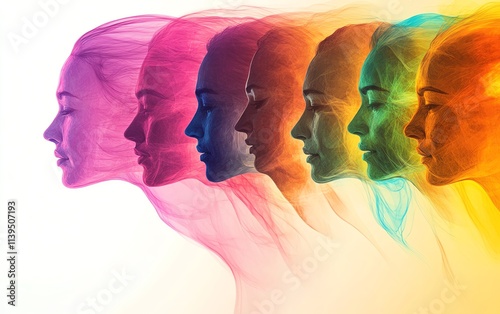 Colorful abstract silhouettes of people, representing diversity and human connection, vivid faces blending together, symbolizing community and unity