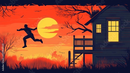 Man fleeing haunted house at sunset. photo