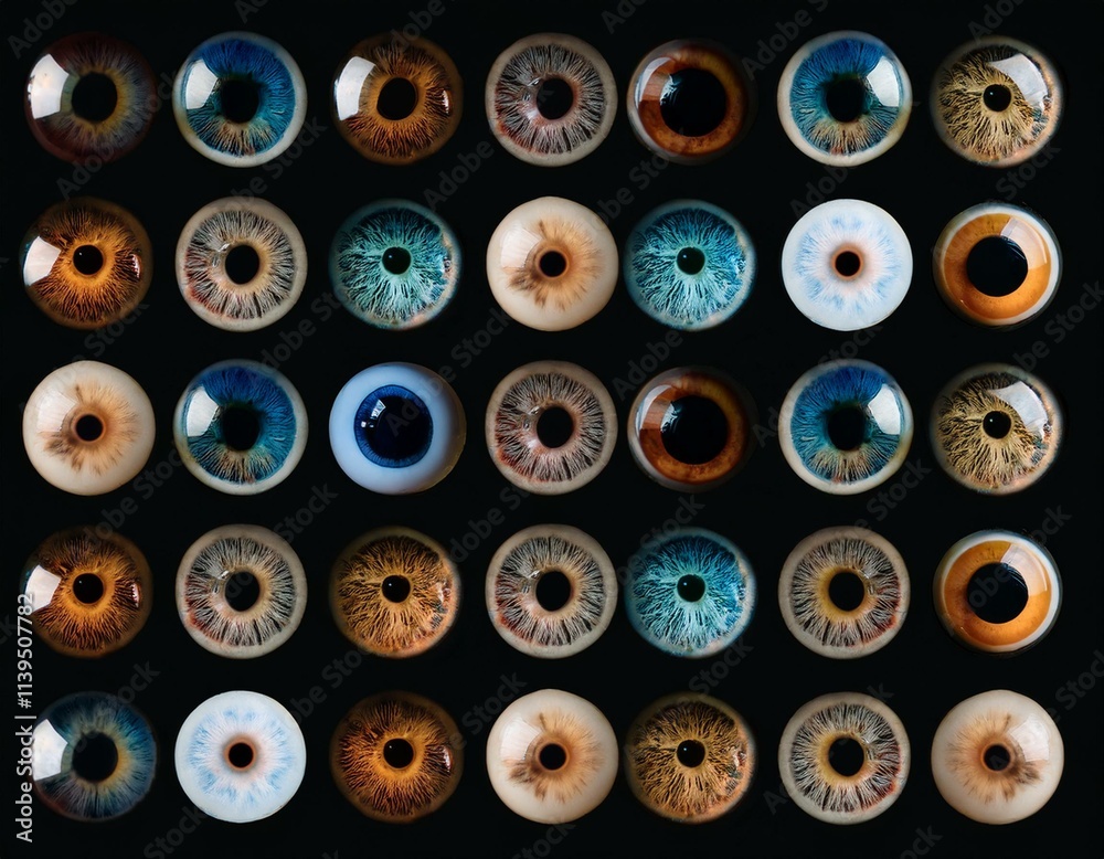 Fototapeta premium macro of many different human iris aligned on a black background