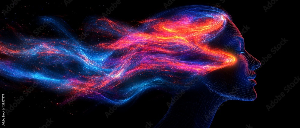 Creative silhouette with bright, colorful light trails extending from the head, symbolizing technological innovation and human connection, dark background for contrast Creative silhouette with bright, colorful light trails extending from the head, symbolizing technological innovation and human connection, dark background for contrast