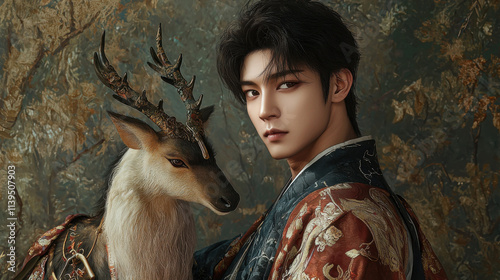 Elegant Young Man in Traditional Asian Clothing with a Deer