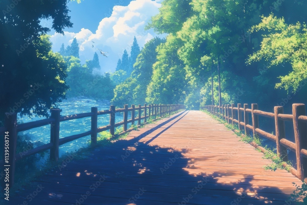 A serene wooden bridge surrounded by nature, perfect for anime wallpaper. A serene wooden bridge surrounded by nature, perfect for anime wallpaper.