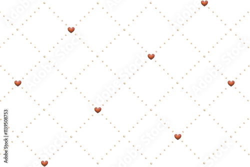 木目柄の丸いドット線が交わりハートが入るひし形の格子模様のアップ