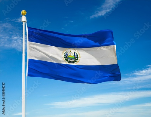 El Salvador flag waving in the wind against a blue sky background photo