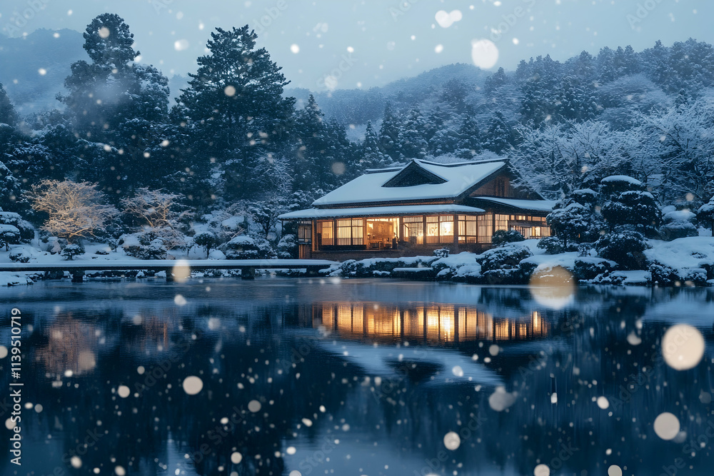 Fototapeta premium Snowy Night House Illustration