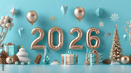 Festive 3D New Year 2026 Celebration Featuring Gold and Blue Decorations, Balloons, and Gifts. Generative AI