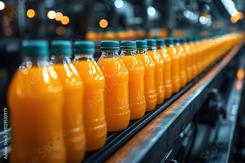 A row of orange juice bottles on a conveyor belt