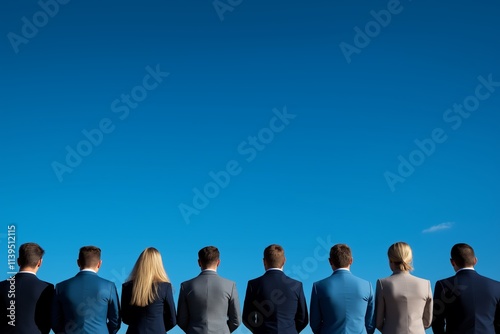 A group of professionals standing in a line, viewed from behind, against a clear blue sky.