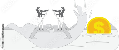 The concept of finding a solution or completing the final puzzle, attracting business or finding partners, two businesswomen standing on the puzzle and paddling to find the missing pieces of the puzzl photo