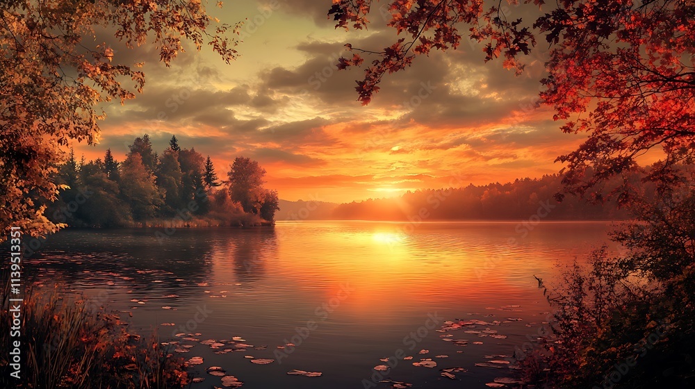 Obraz premium Autumnal Sunset Over a Still Lake with Red Leaves and Silhouetted Trees