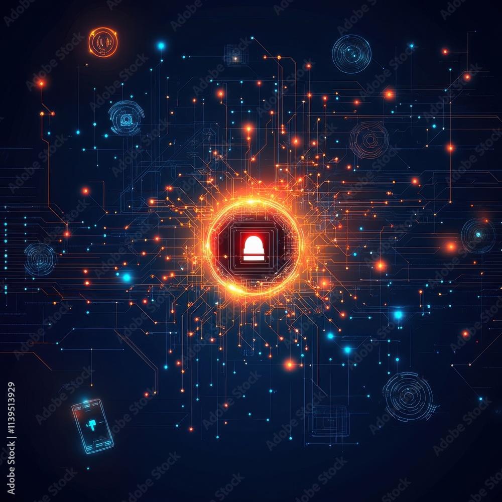 Obraz premium A visually captivating digital illustration of a cybersecurity alert, showcasing intricate circuit patterns.