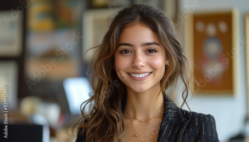 Cheerful woman dressed in a stylish outfit poses confidently in a colorful workspace