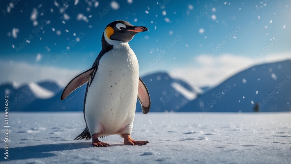 Fototapeta premium Penguin standing on snowy ground with mountain background in cold winter landscape