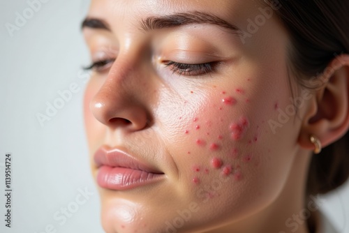 Close-up Portrait of a Woman with Acne on Her Cheek, Highlighting Skin Care Needs and Emotional Impact photo