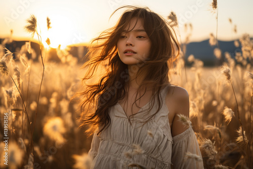 serene and dreamlike atmosphere is created by sun's glow as it sets behind a field of tall grass photo