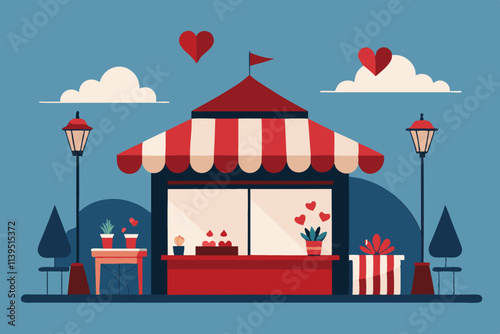 A festive Valentine's Day marketplace with flower stalls and heart-shaped decorations