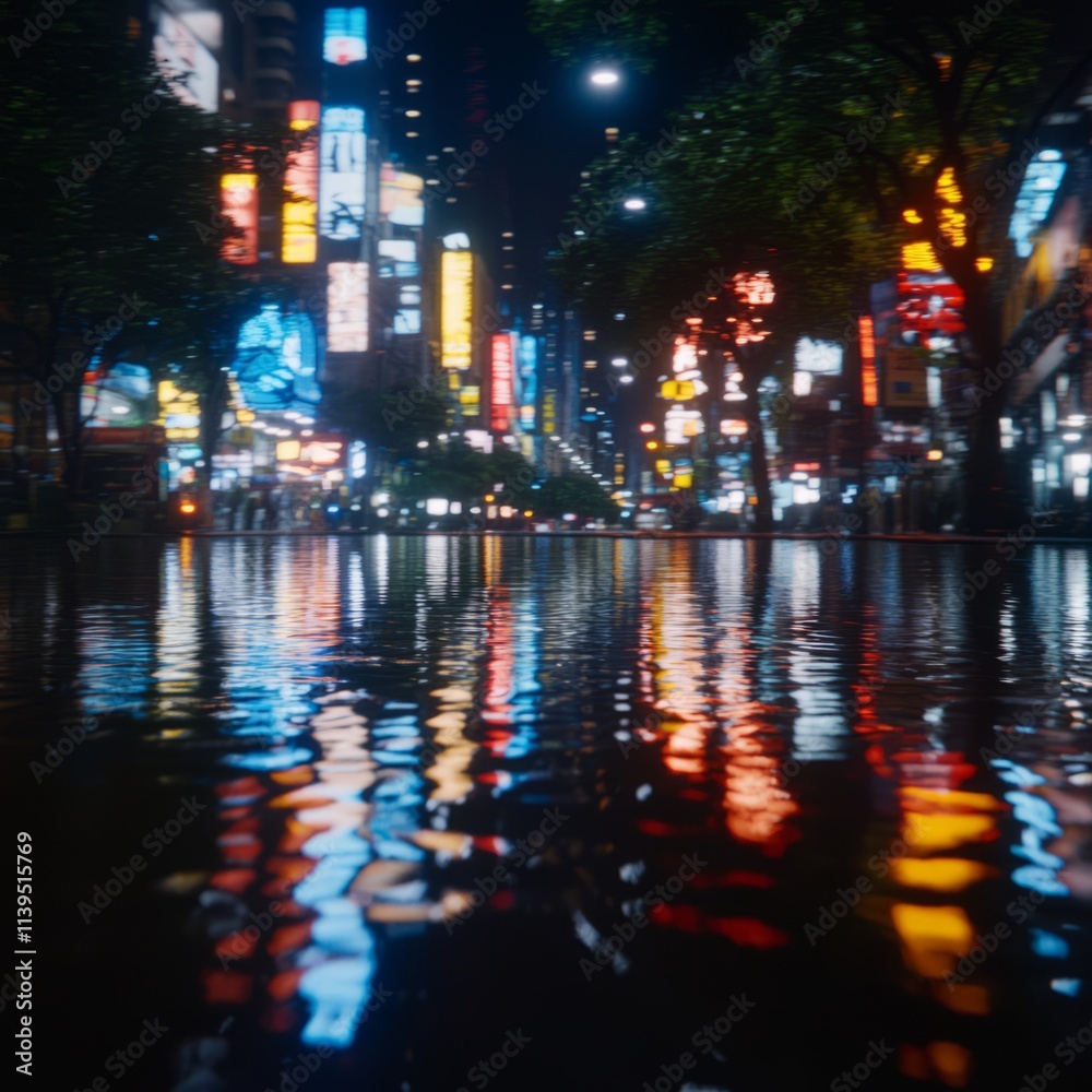 Neon Cityscape Reflection in Still Water at Night Neon Cityscape Reflection in Still Water at Night
