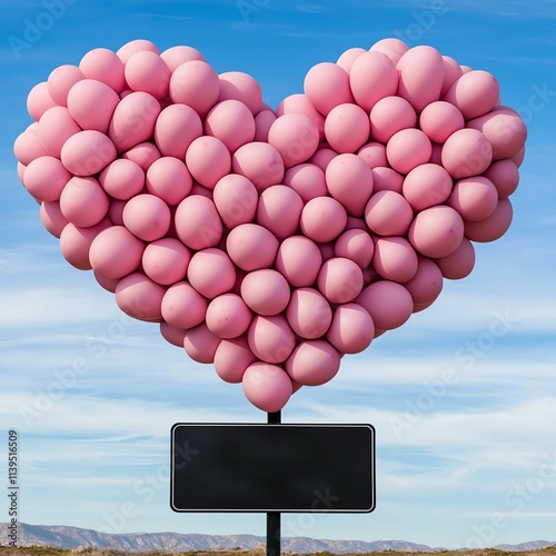 A giant heartshaped balloon arch framing a  Love This Way  directional sign at an outdoor Valentine s festival photo